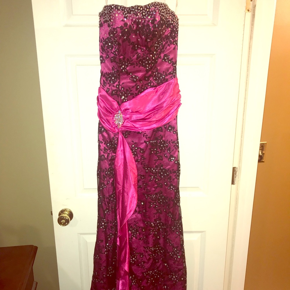 Hot pink and black lace Tiffany prom dress